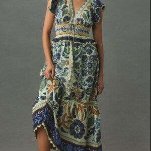 Anthropologie FARM Rio Ocean Tapestry Maxi Dress Smocked New L
